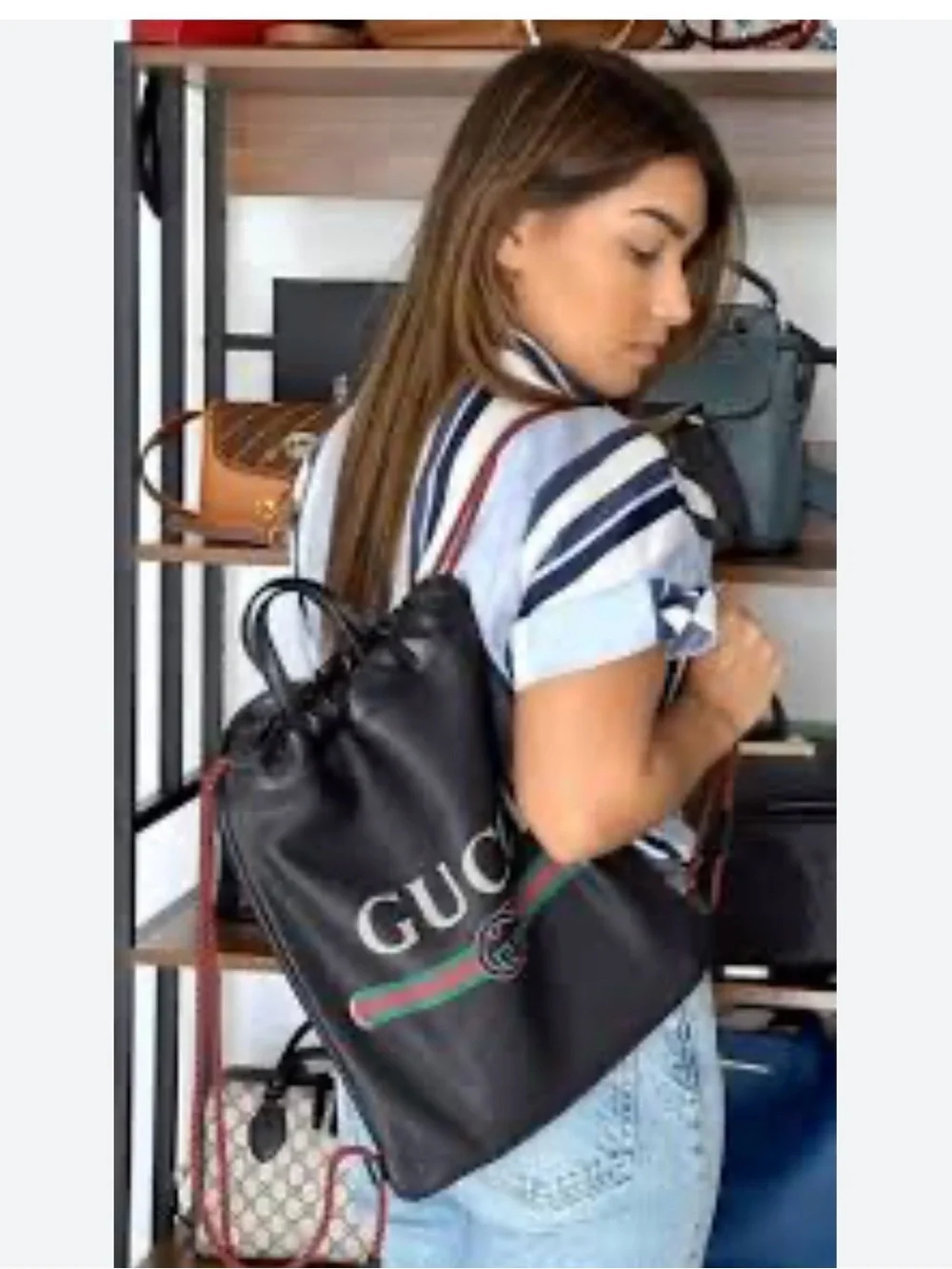 Gucci Black Leather Drawstring Backpack with Green-Red Web Stripe